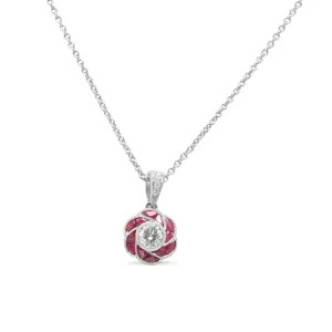 18ct White Gold Diamond & Ruby Swirl Pendant Necklace 17"