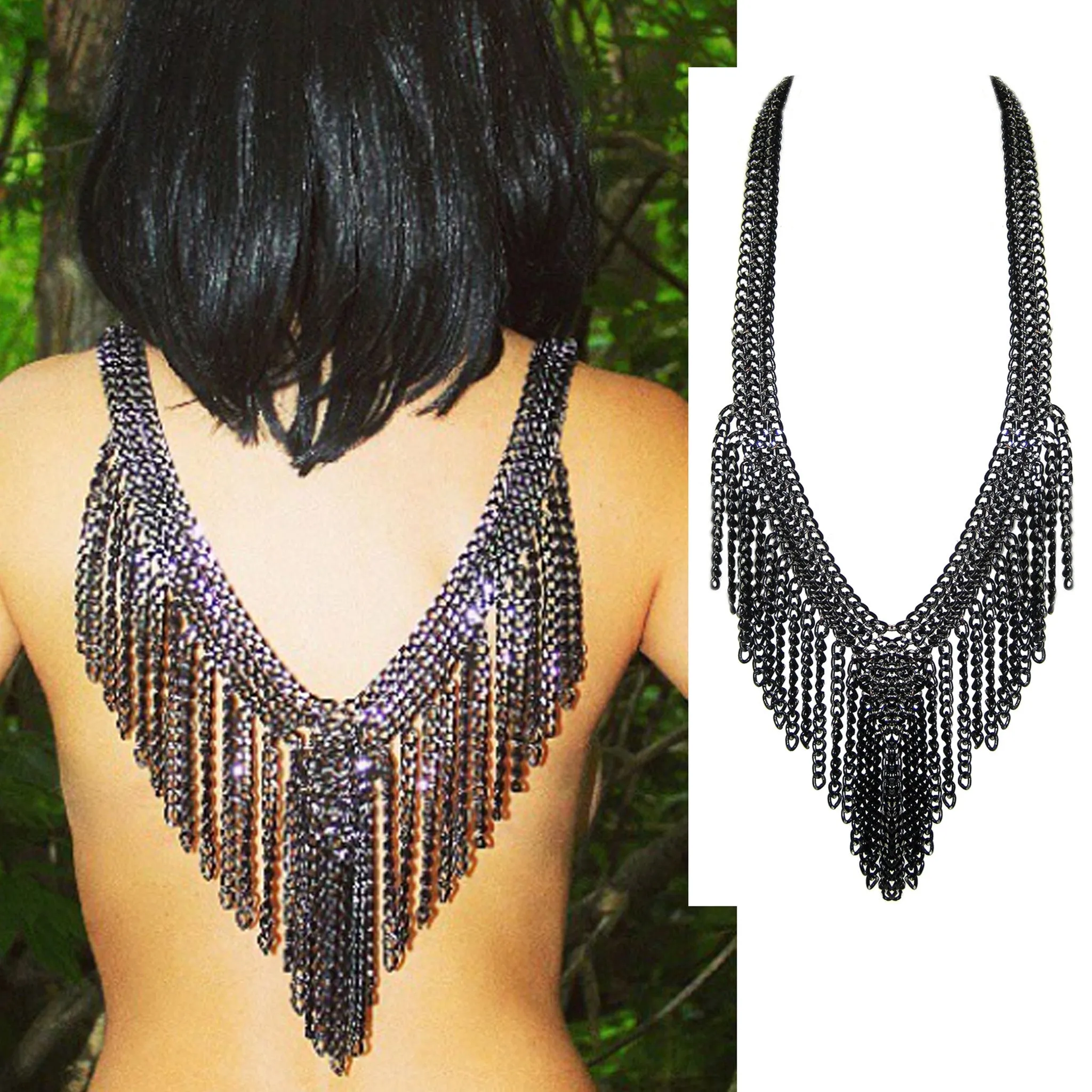 #980n Black/Silver Chain Long Fringed Bib Necklace