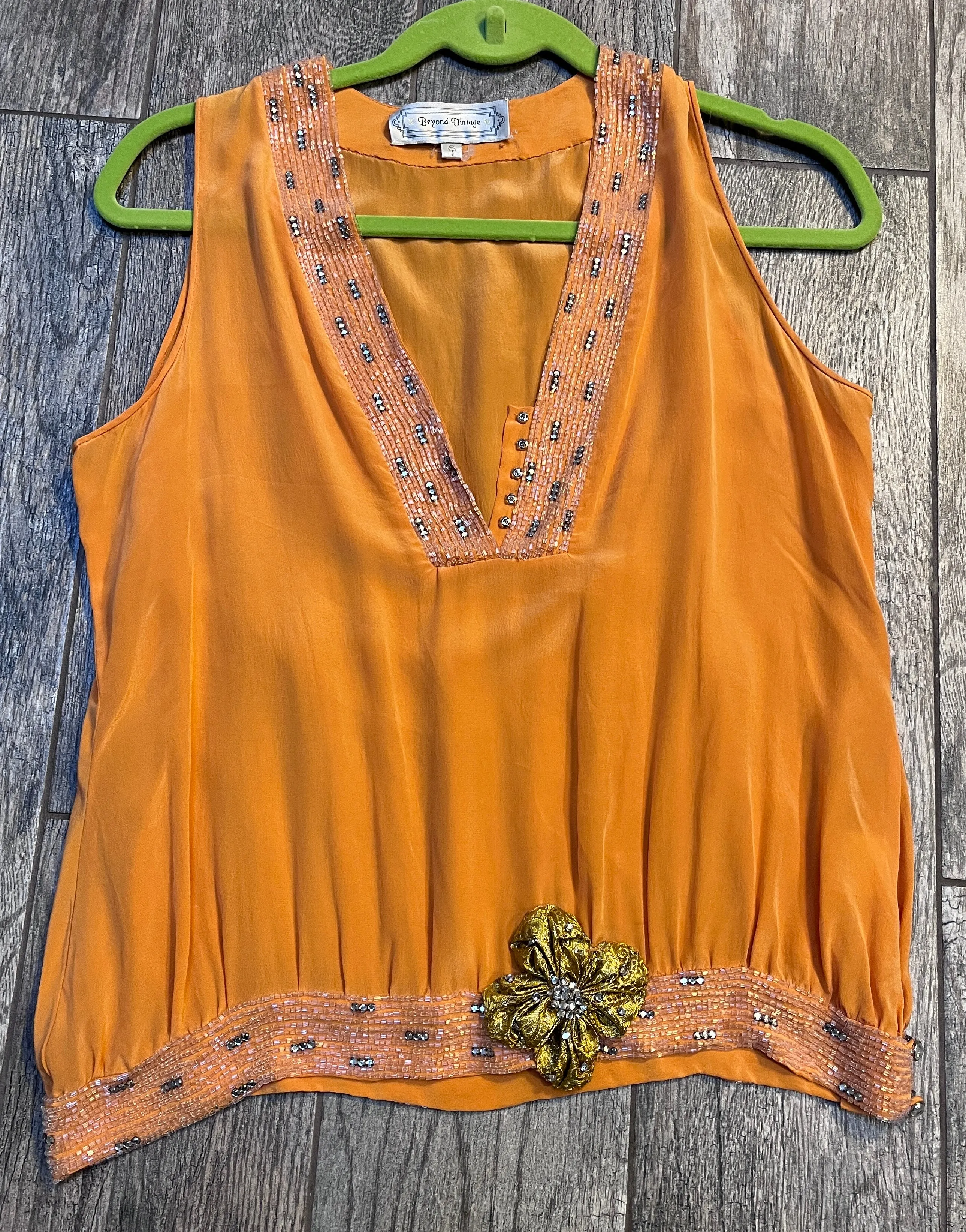 Beaded Tangerine Chiffon Sleeveless Top / Size S