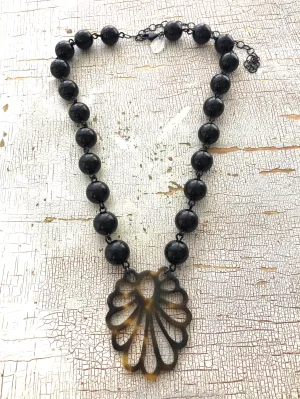 Black & Tortoise Art Deco Peacock Feather Beaded Aleta Necklace