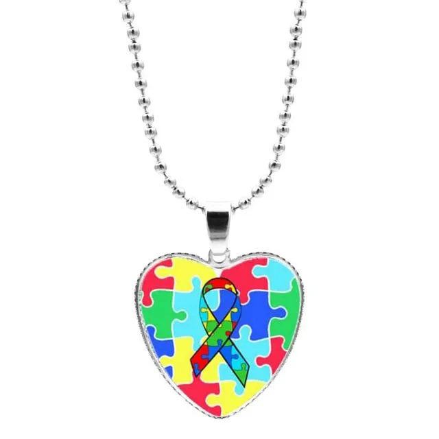 Colorful Jigsaw Puzzle Autism Awareness Hope Necklace Love Heart Shape Glass Cabochon Pendant Necklace Kids Autism Jewelry Gifts