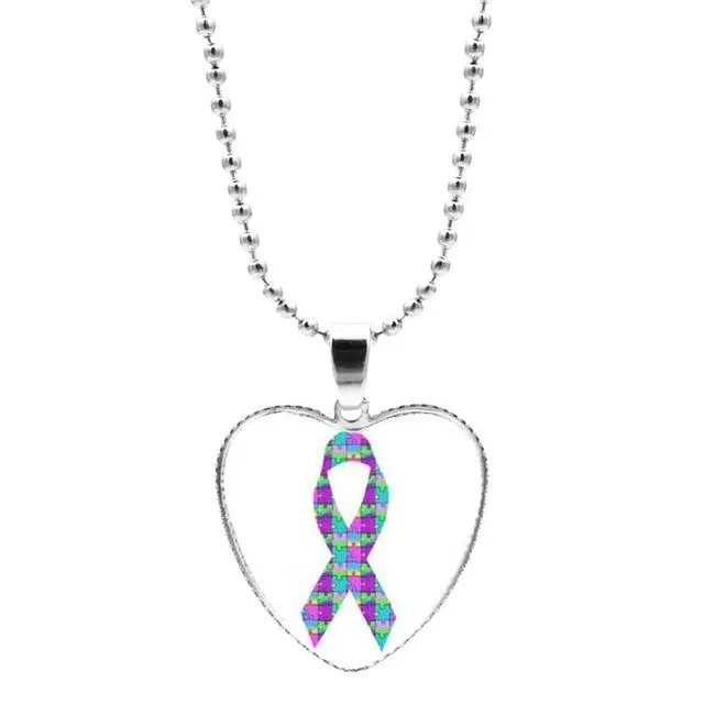 Colorful Jigsaw Puzzle Autism Awareness Hope Necklace Love Heart Shape Glass Cabochon Pendant Necklace Kids Autism Jewelry Gifts