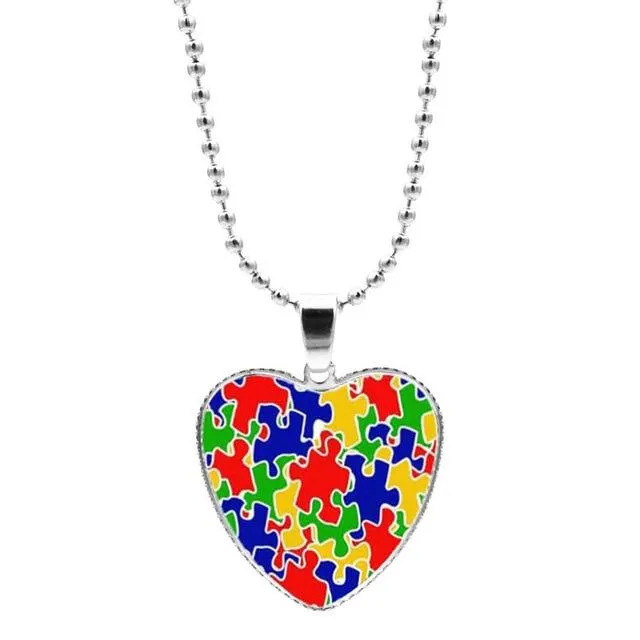 Colorful Jigsaw Puzzle Autism Awareness Hope Necklace Love Heart Shape Glass Cabochon Pendant Necklace Kids Autism Jewelry Gifts