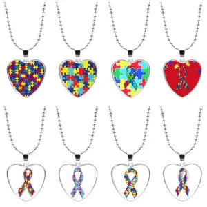 Colorful Jigsaw Puzzle Autism Awareness Hope Necklace Love Heart Shape Glass Cabochon Pendant Necklace Kids Autism Jewelry Gifts