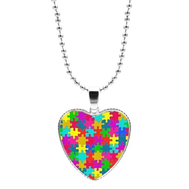 Colorful Jigsaw Puzzle Autism Awareness Hope Necklace Love Heart Shape Glass Cabochon Pendant Necklace Kids Autism Jewelry Gifts