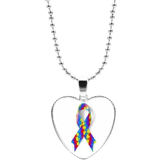 Colorful Jigsaw Puzzle Autism Awareness Hope Necklace Love Heart Shape Glass Cabochon Pendant Necklace Kids Autism Jewelry Gifts