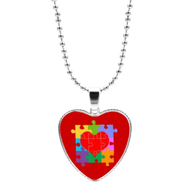 Colorful Jigsaw Puzzle Autism Awareness Hope Necklace Love Heart Shape Glass Cabochon Pendant Necklace Kids Autism Jewelry Gifts