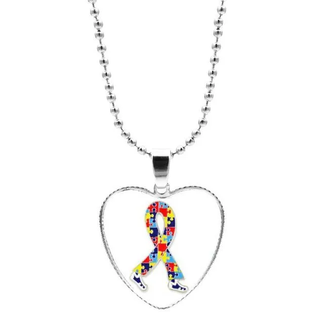 Colorful Jigsaw Puzzle Autism Awareness Hope Necklace Love Heart Shape Glass Cabochon Pendant Necklace Kids Autism Jewelry Gifts