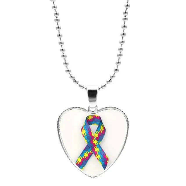 Colorful Jigsaw Puzzle Autism Awareness Hope Necklace Love Heart Shape Glass Cabochon Pendant Necklace Kids Autism Jewelry Gifts