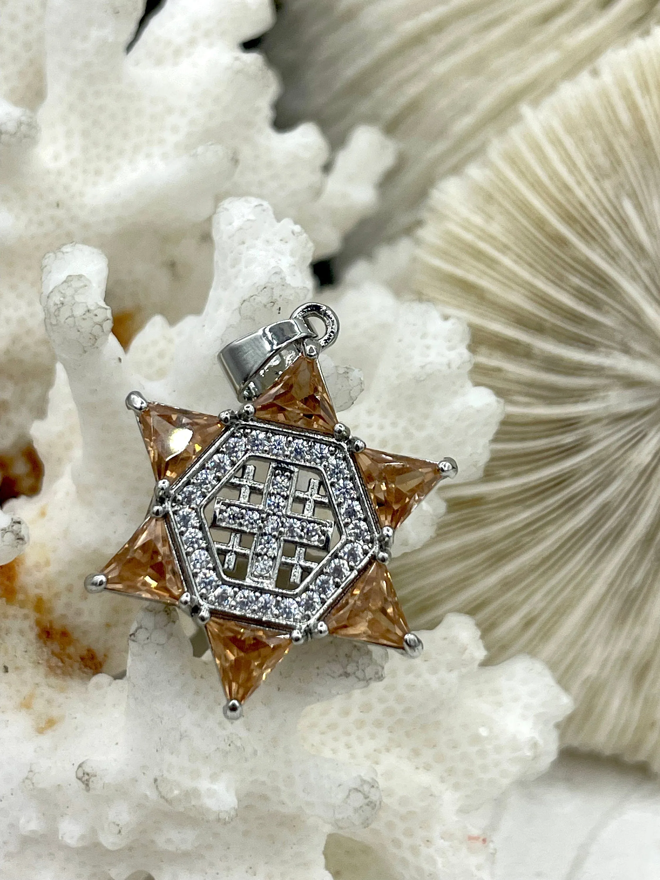 CZ Micro PAVE Star of David Charms, Topaz Colored Cz, Cubic Zirconia Cross Charms, Silver Plated Brass, CZ Pendants, Cross Charms Fast Ship