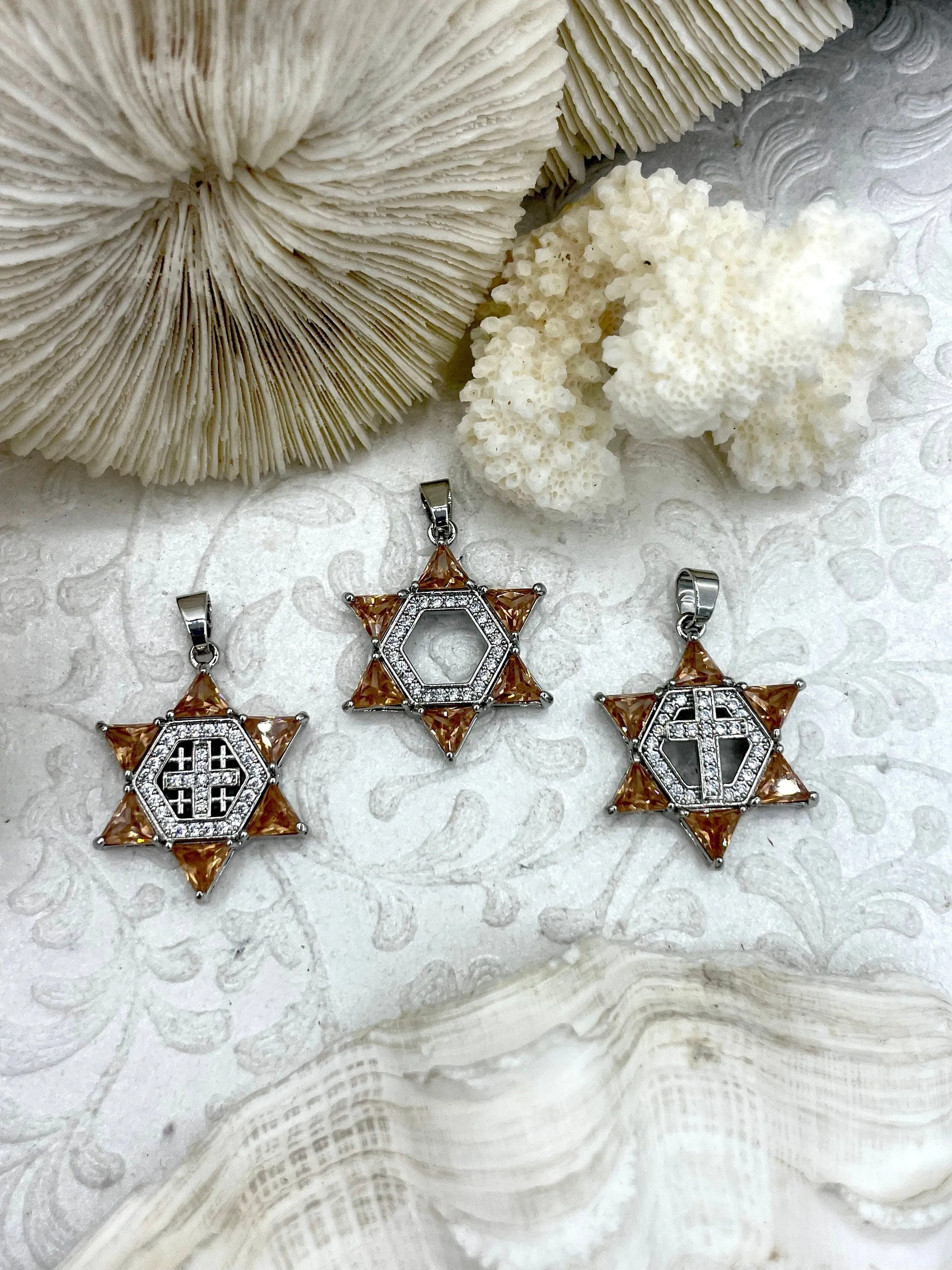 CZ Micro PAVE Star of David Charms, Topaz Colored Cz, Cubic Zirconia Cross Charms, Silver Plated Brass, CZ Pendants, Cross Charms Fast Ship