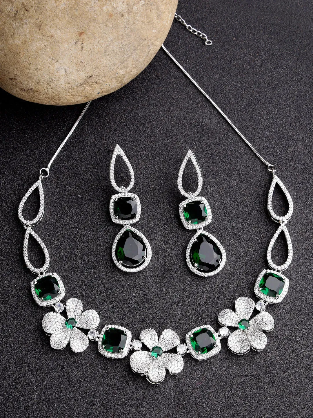 Green & Silver-Plated American Diamond Handcrafted Jewellery Set