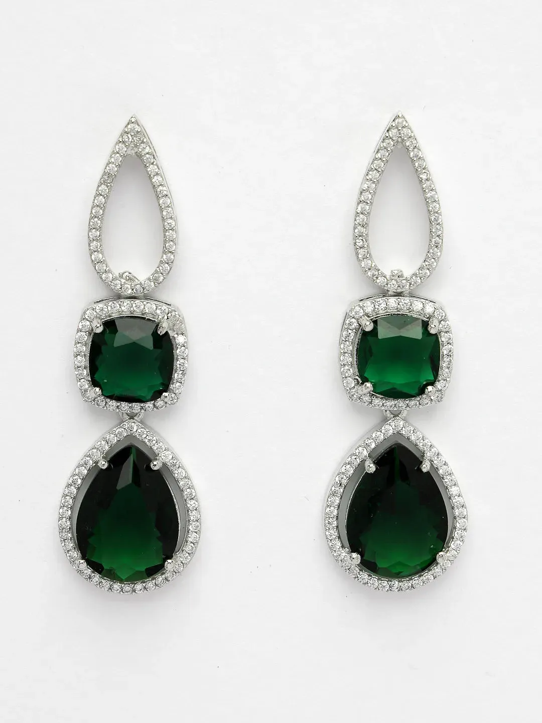 Green & Silver-Plated American Diamond Handcrafted Jewellery Set