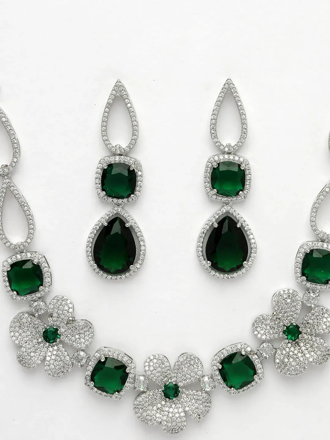 Green & Silver-Plated American Diamond Handcrafted Jewellery Set