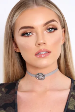 Grey Faux Suede Silver Diamante Choker - Amy