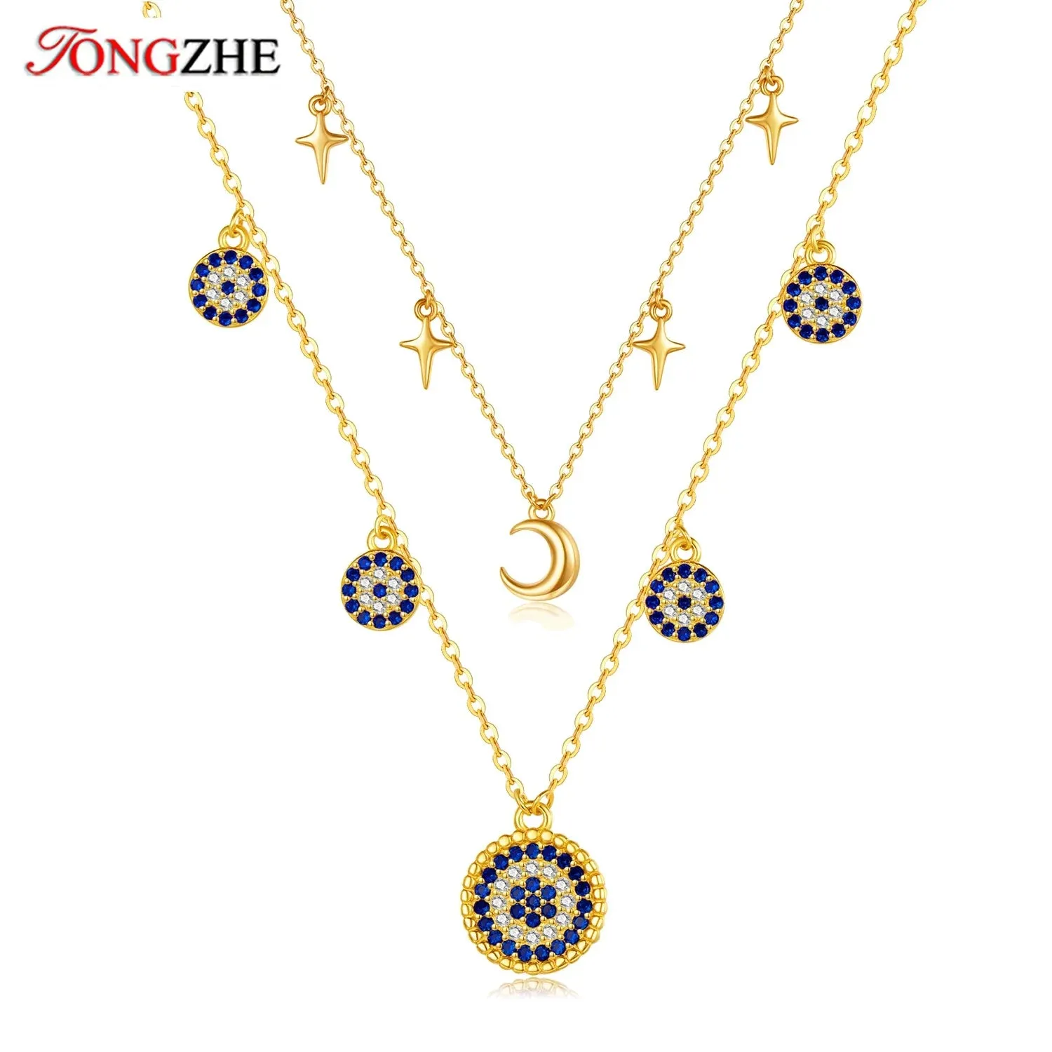 JC - Women's Evil Eye Necklace: Silver link chain with moon and blue evil eye charm