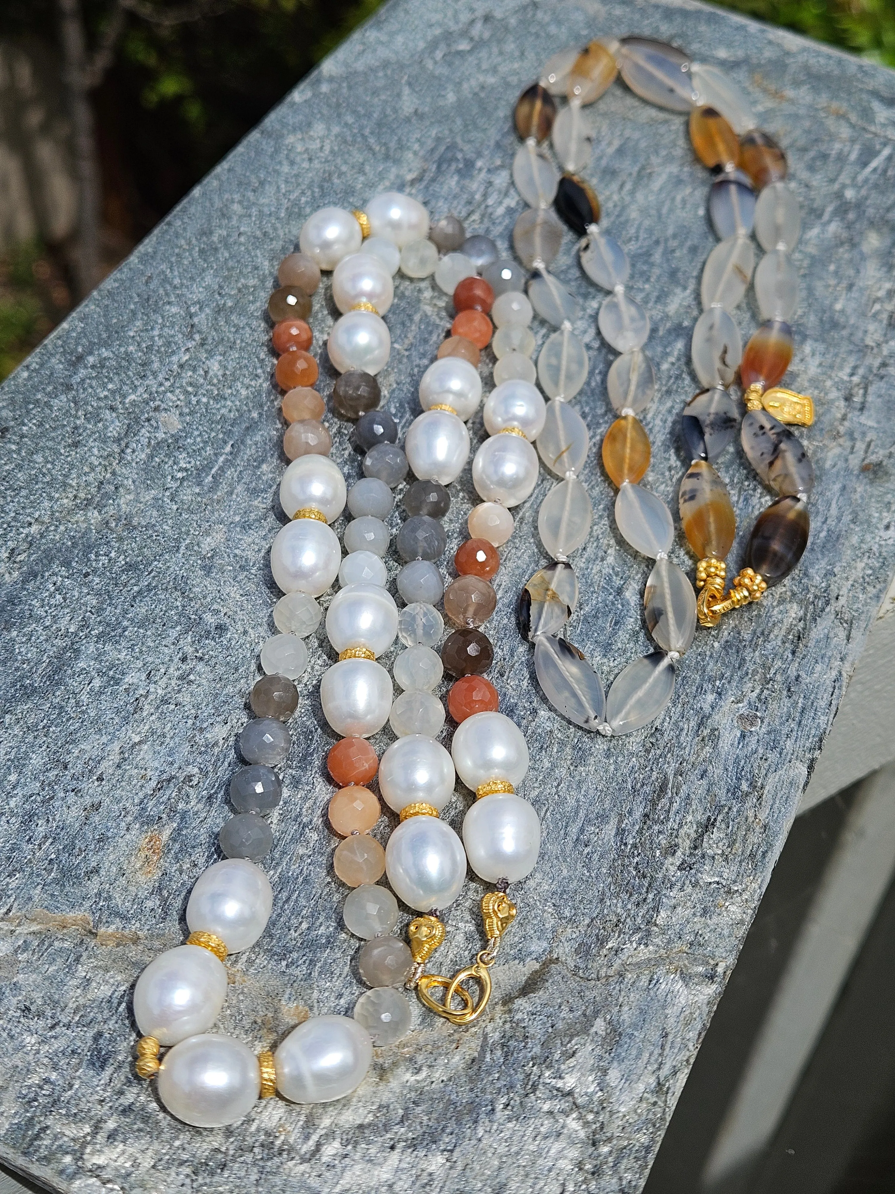 Multicolor White Peach Grey Moonstone Freshwater Pearl Genuine Gemstone 18K Yellow Gold Long Necklace 30" | Indulgems | Designs in Real Gold