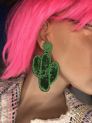 New | Cactus Statement Earrings | Bohemian Kawaii | Beaded Festival Boho Hippie