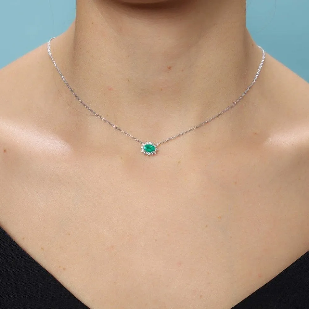 Oval Shape Emerald & Diamond Necklace (0.60 ct.) in 18K Gold