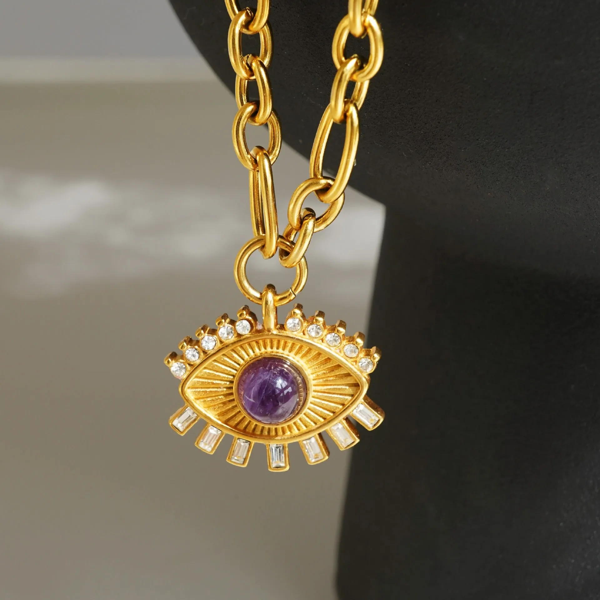 Pre Order:  Gold Titanium Steel Eye Zircon Pendant Necklace