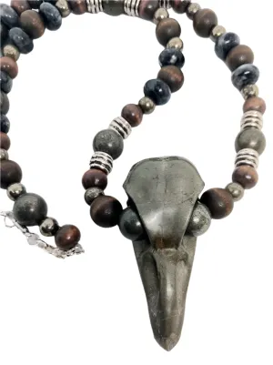 Pyrite Crystal Raven Skull Necklace with Larvikite