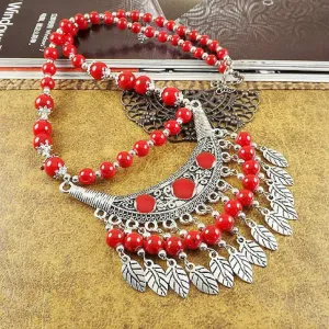 Red Beaded Boho and Silver Leaf Necklace