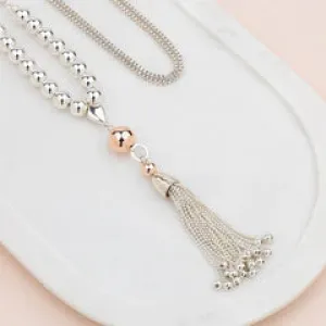 Silver & Rose Gold Bead & Tassel Necklace**