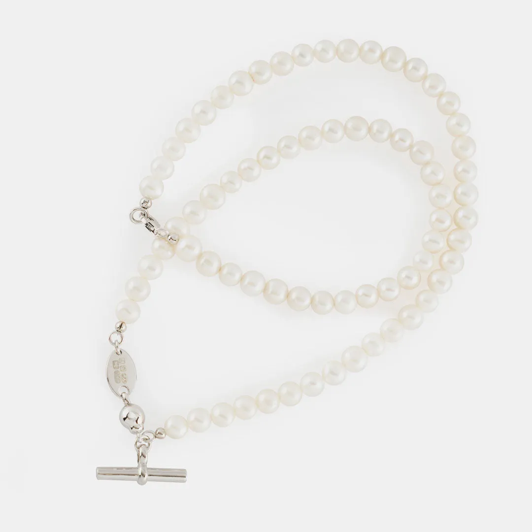 Silver Pearl T-Bar Necklace