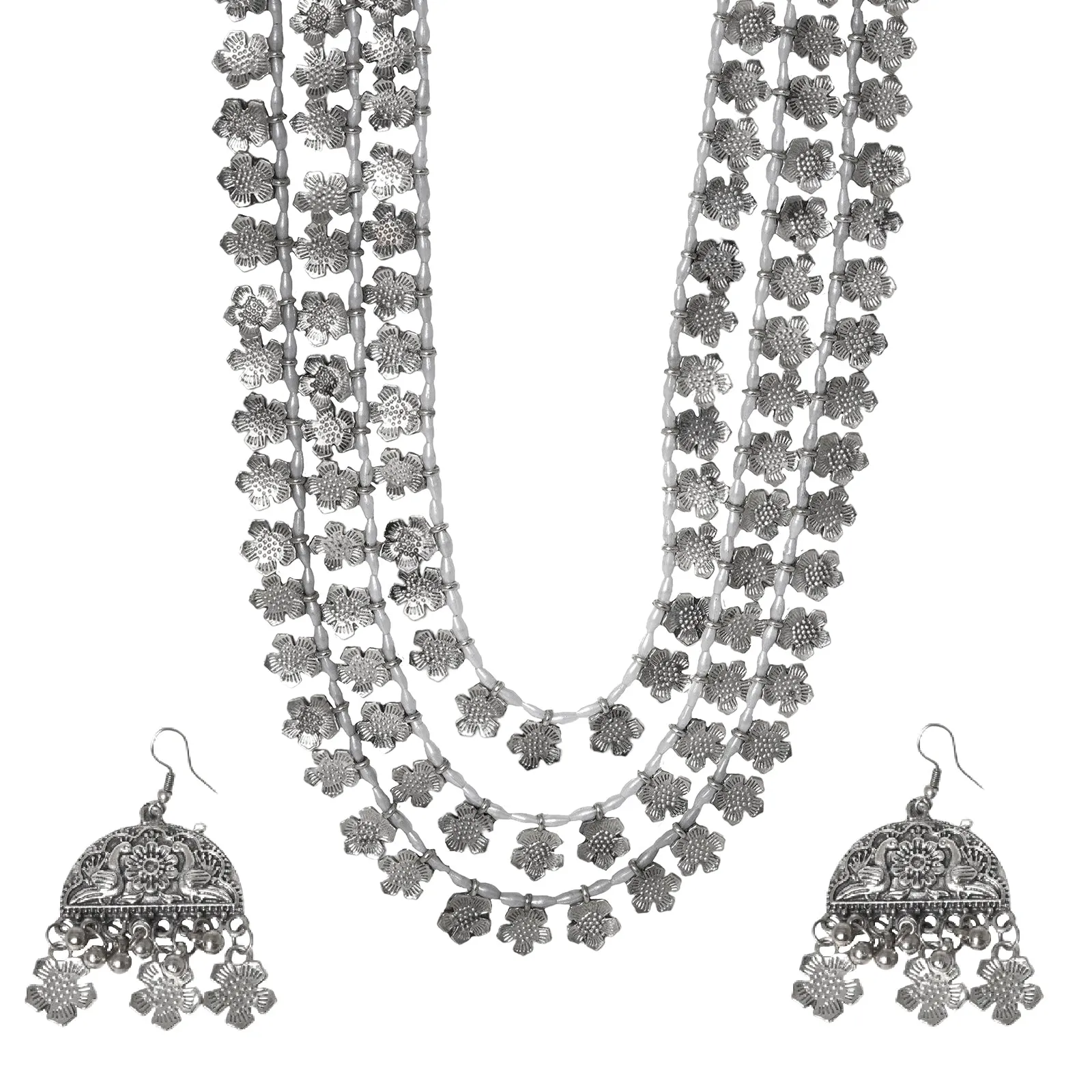 Teejh Faiza Silver Oxidised Floral Long Necklace Set